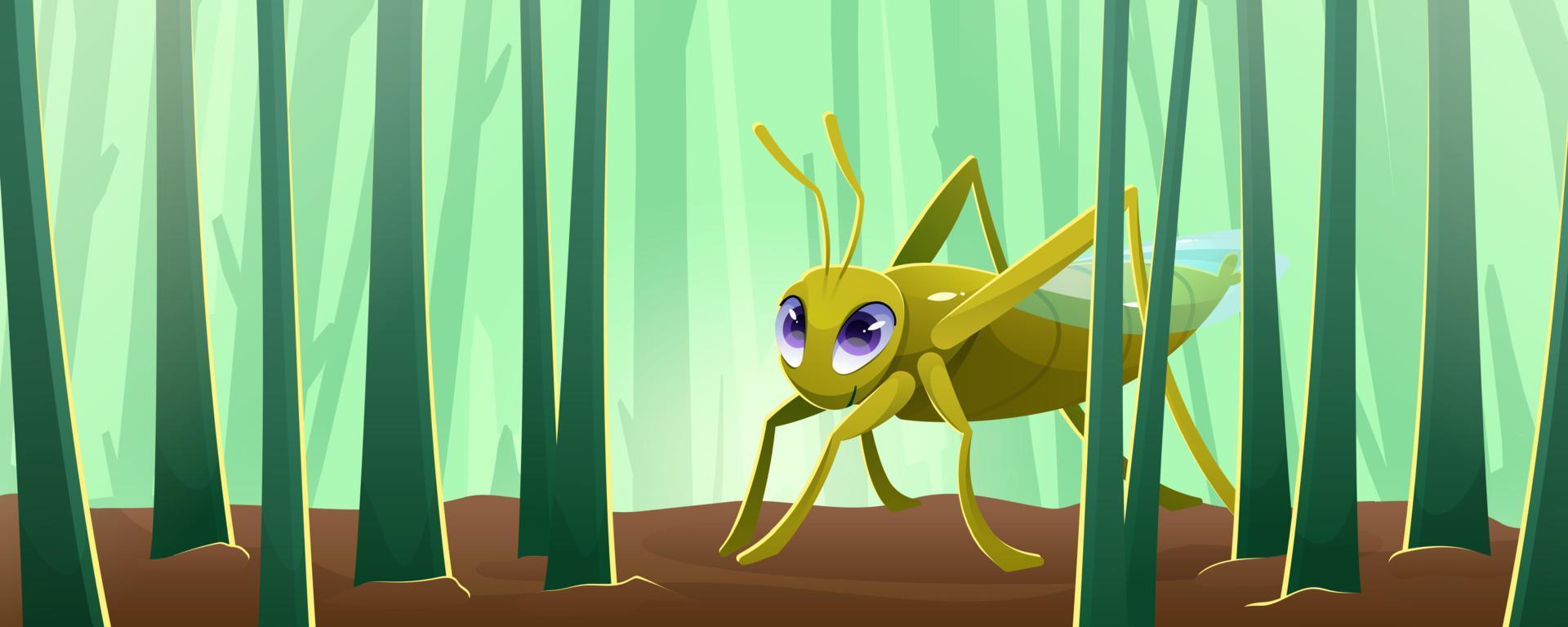 Cartoon grasshopper, cute green cricket or locust vector