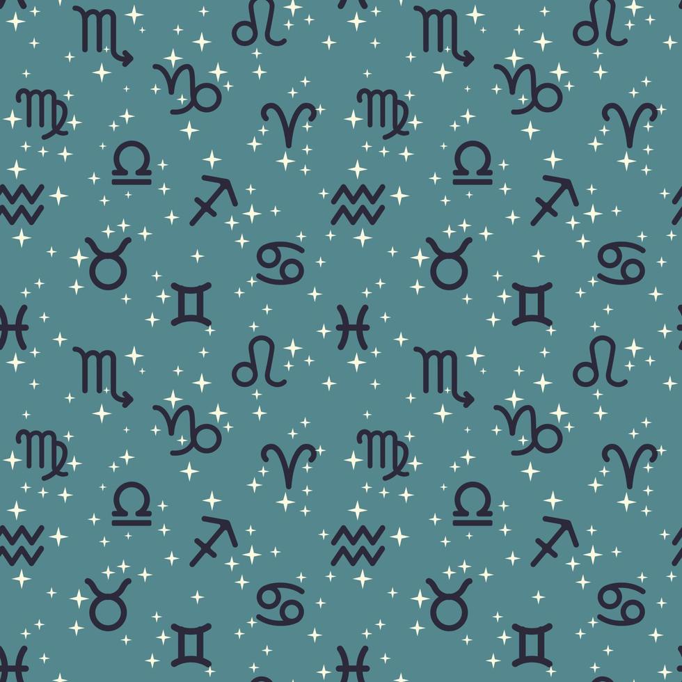 Elements of the zodiac signs on a blue background with stars. Repetitive seamless pattern for printing on textiles and paper. From bed linen to flyers. vector