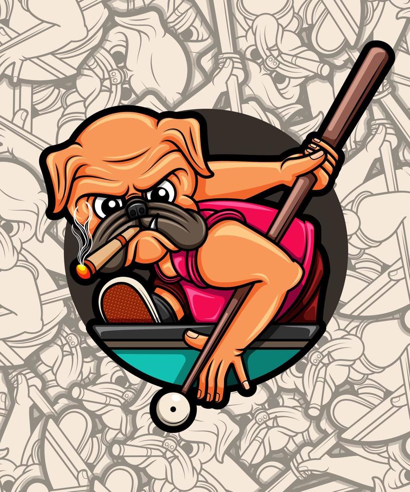 Cute pug dog playing pool illustration vector