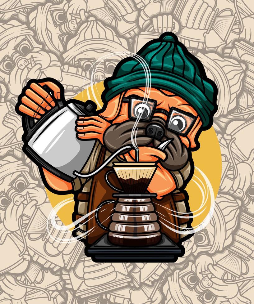 lindo perro pug barista con hervidor y hario v60 ilustración vector