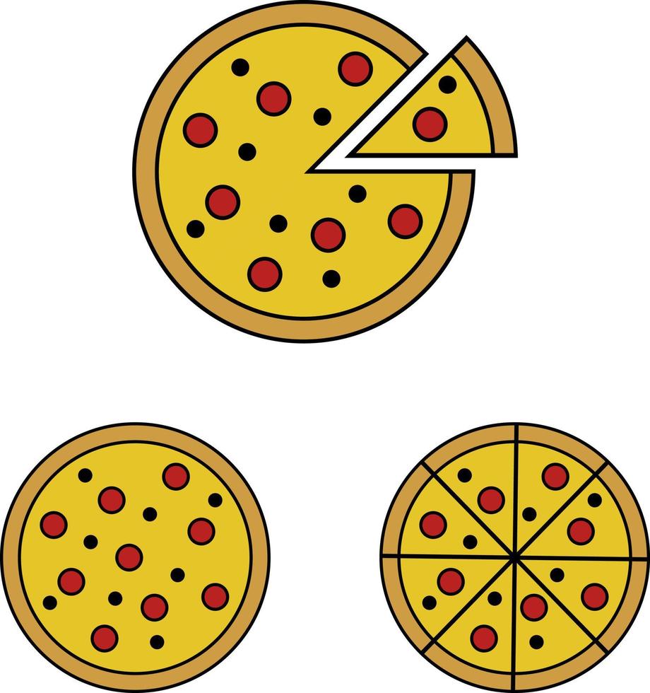 pizza, vectorial. íconos de pizza, pizza entera y pizza cortada. vector