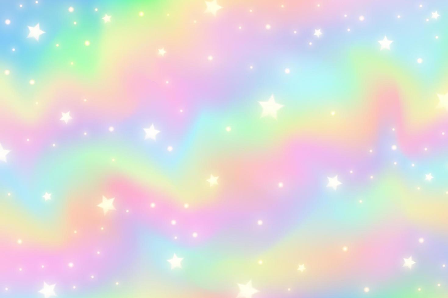 Rainbow unicorn background. Girlie princess sky with stars and sparcles. Gradient holographic fantasy backdrop. Vector abstract iridescent texture.