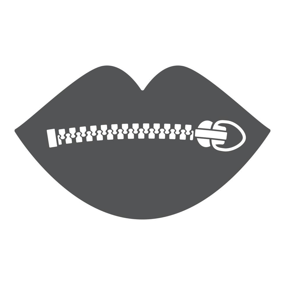 Woman lips with zipper glyph icon. Keep a mouth locked,  be quiet and silent.  Vector illustration