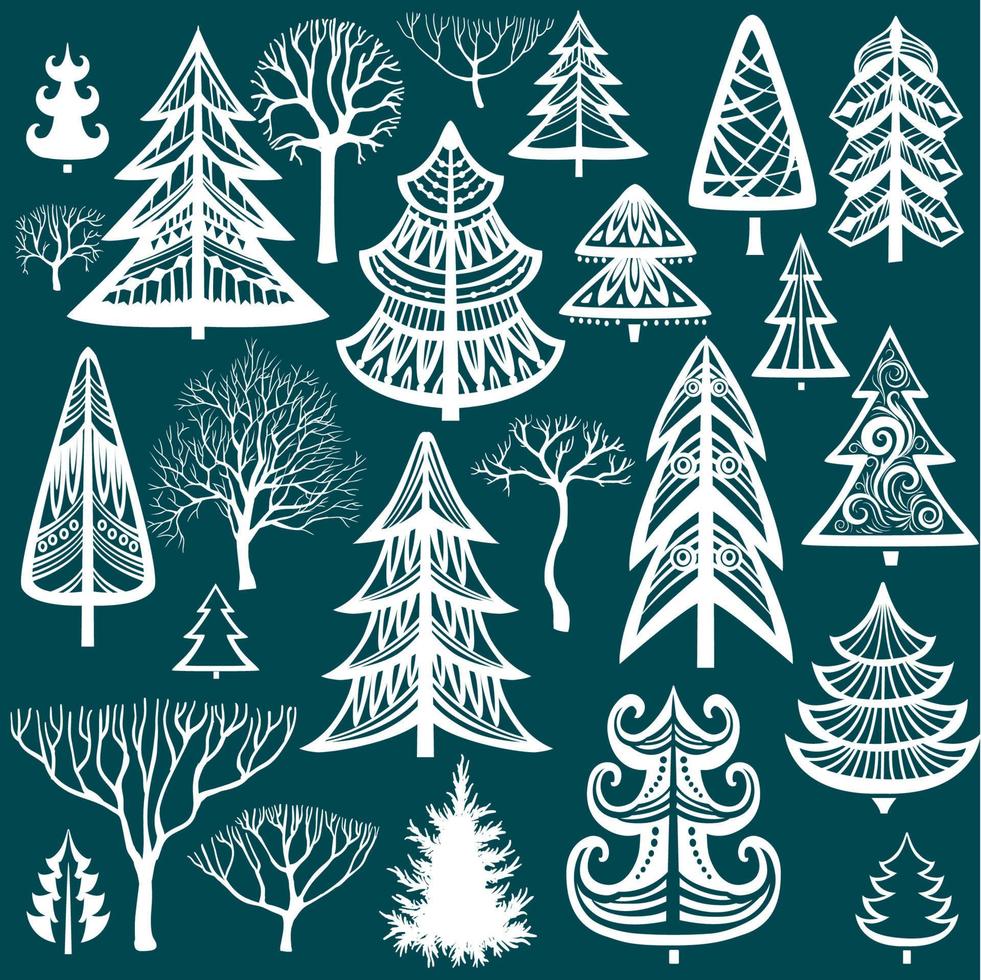 colección de siluetas de árboles de invierno vector