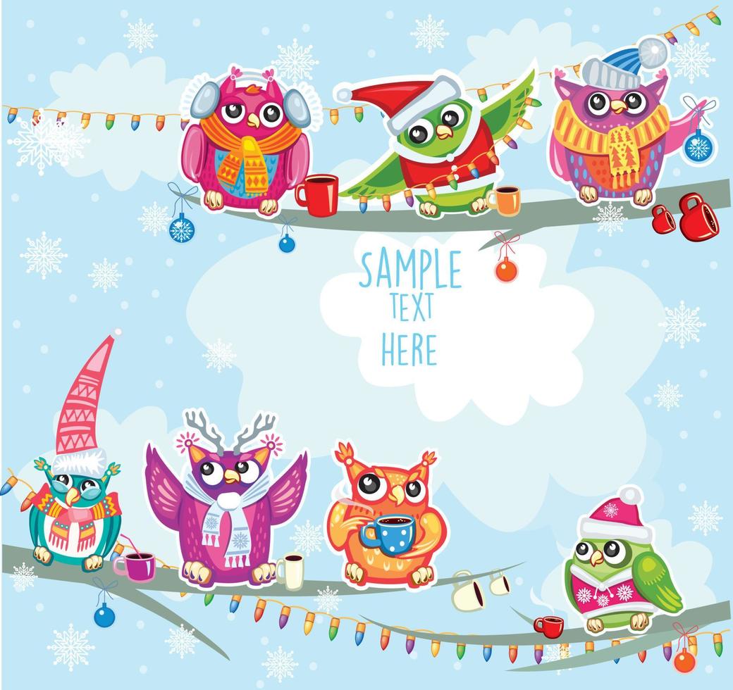 tarjeta de feliz navidad con lindos búhos vector