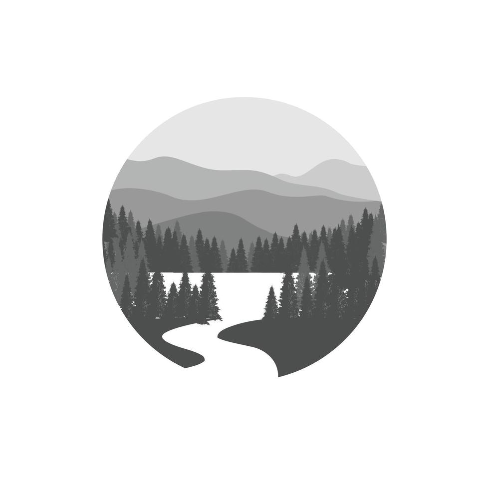 plantilla de diseño de logotipo de montañas, ríos y bosques. paisaje natural con árboles, icono del paisaje natural. vector