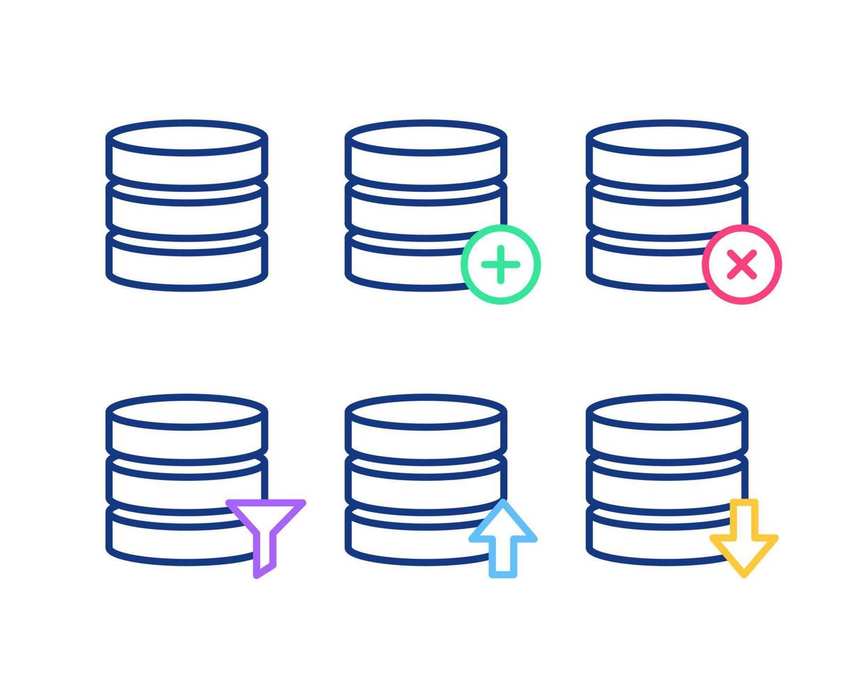 vector de conjunto de iconos de manipulación de base de datos agregar eliminar eliminar filtro cargar y descargar símbolo de datos