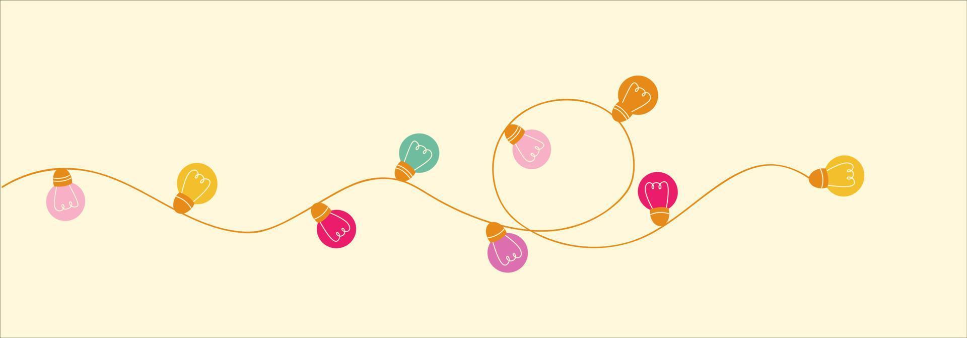 Holiday design illustration with colorful garlands of light bulbs. Holiday concept with colored lanterns. Festive banner for christmas, party, birthday. Vector background.