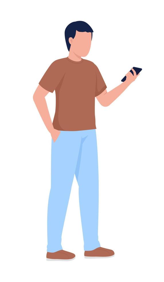 hombre que sostiene el carácter vectorial de color semiplano del teléfono móvil. figura editable. persona de cuerpo completo en blanco. ilustración de estilo de dibujos animados simple de chat en línea para diseño gráfico web y animación vector