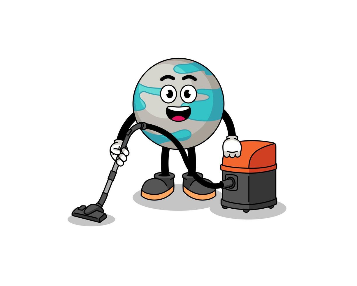 Character mascot of planet holding vacuum cleaner vector