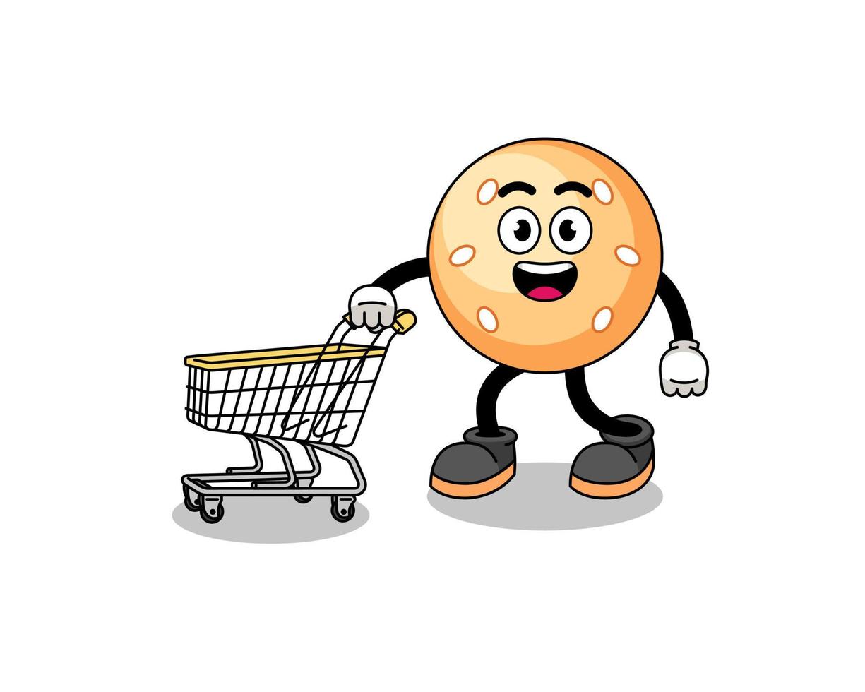 caricatura de bola de sésamo sosteniendo un carrito de compras vector
