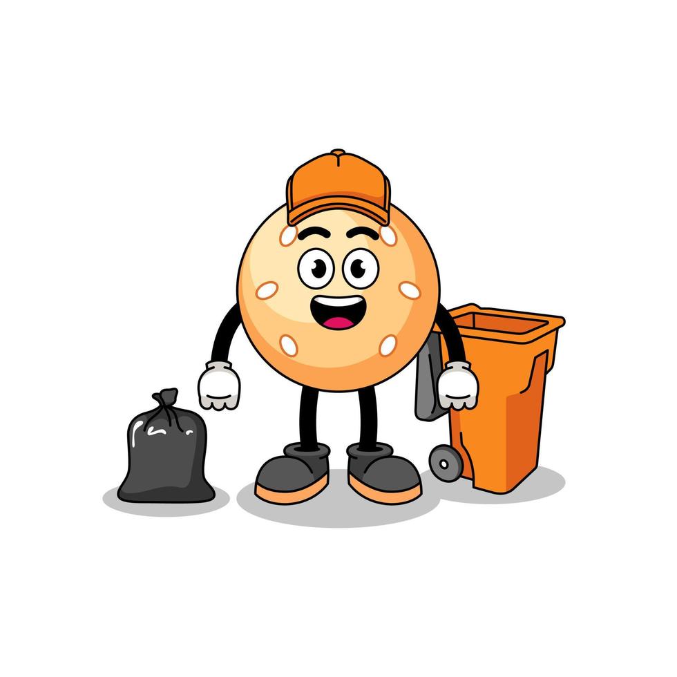 Illustration of sesame ball cartoon as a garbage collector vector