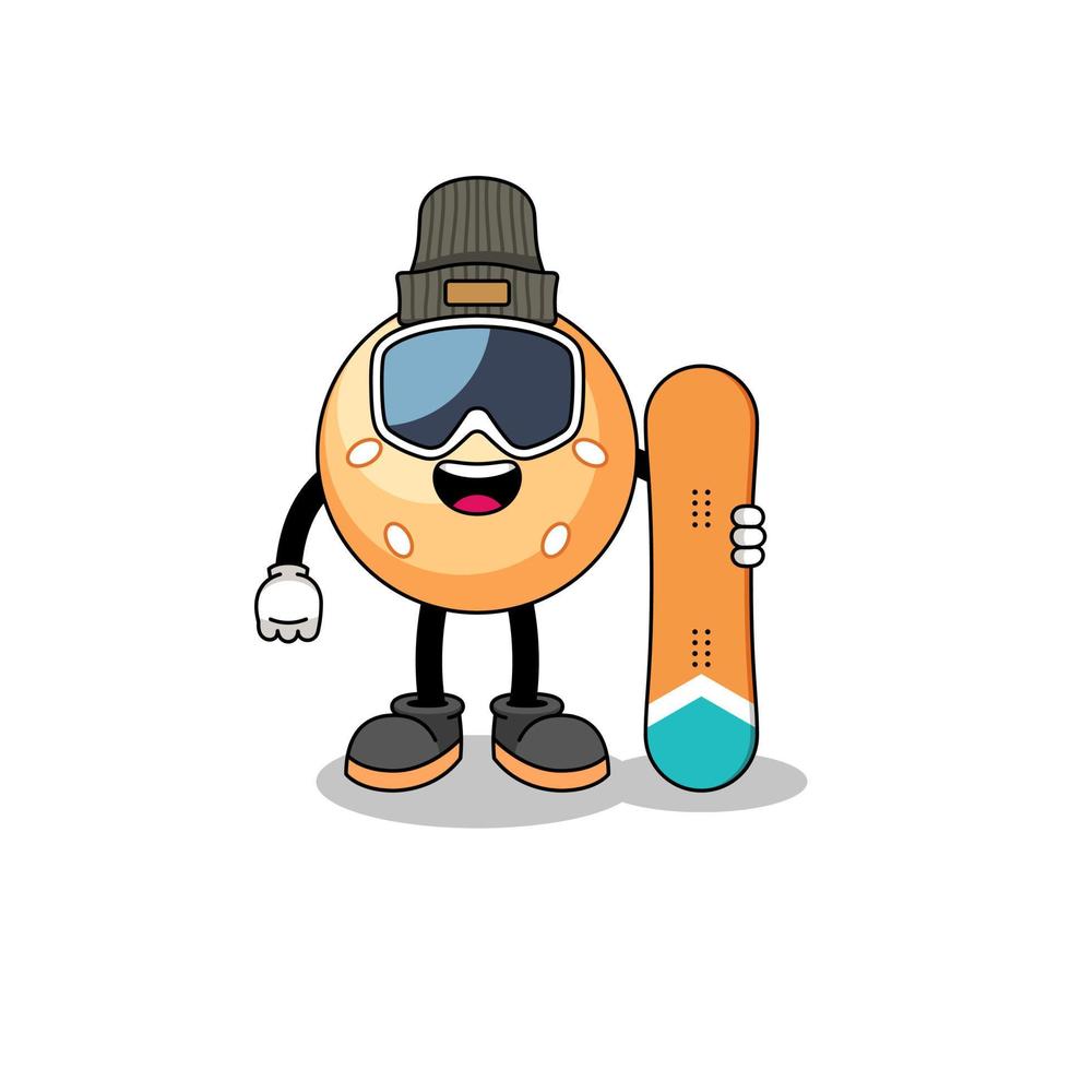 Mascot cartoon of sesame ball snowboard player vector