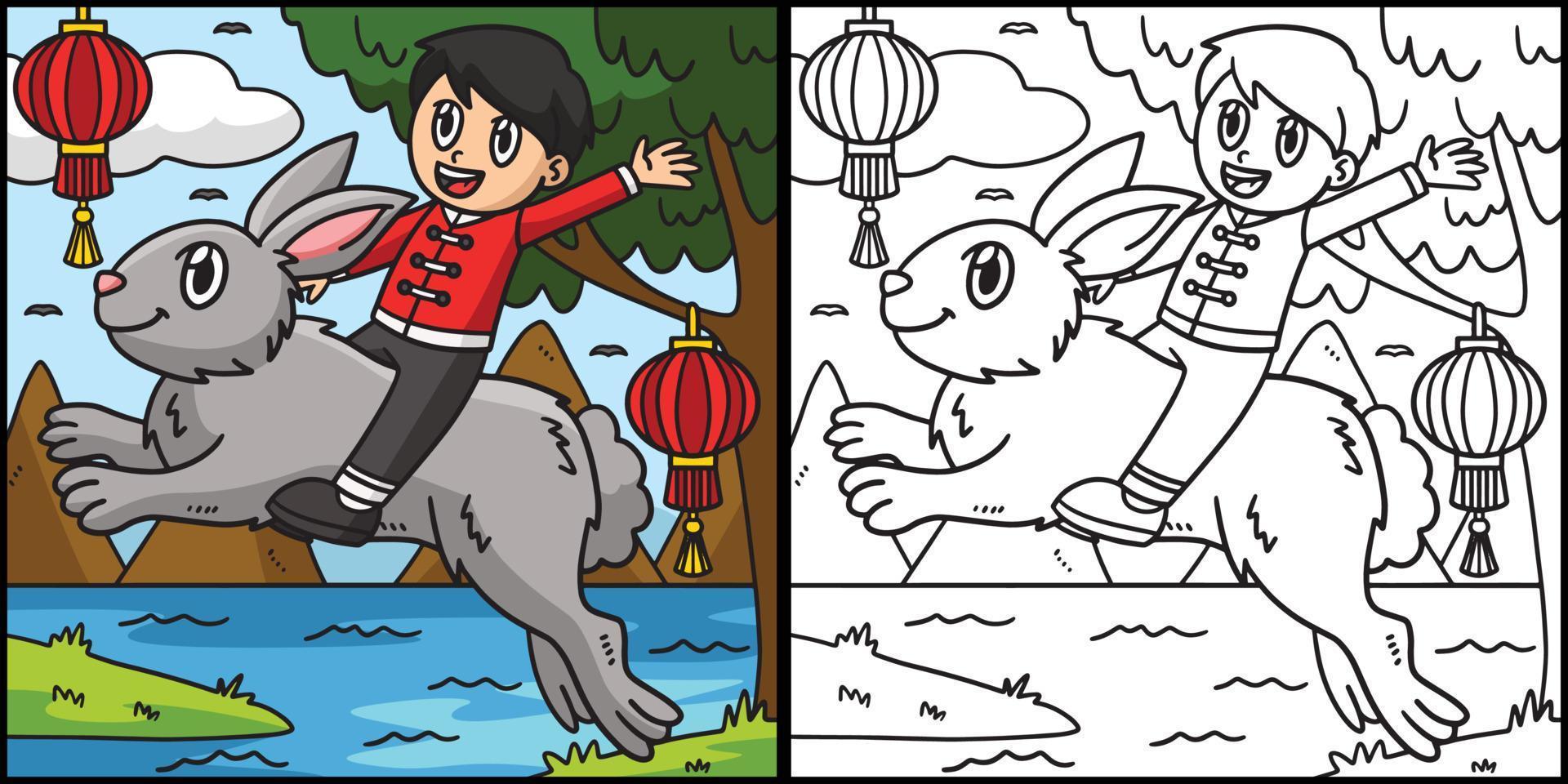 niño montando conejo para colorear página ilustración vector