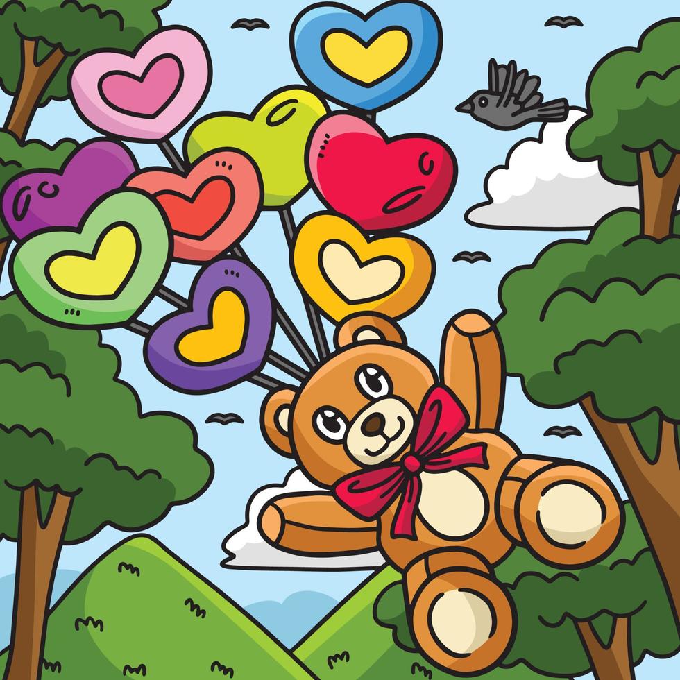 oso de peluche, corazón, globos, coloreado, caricatura vector