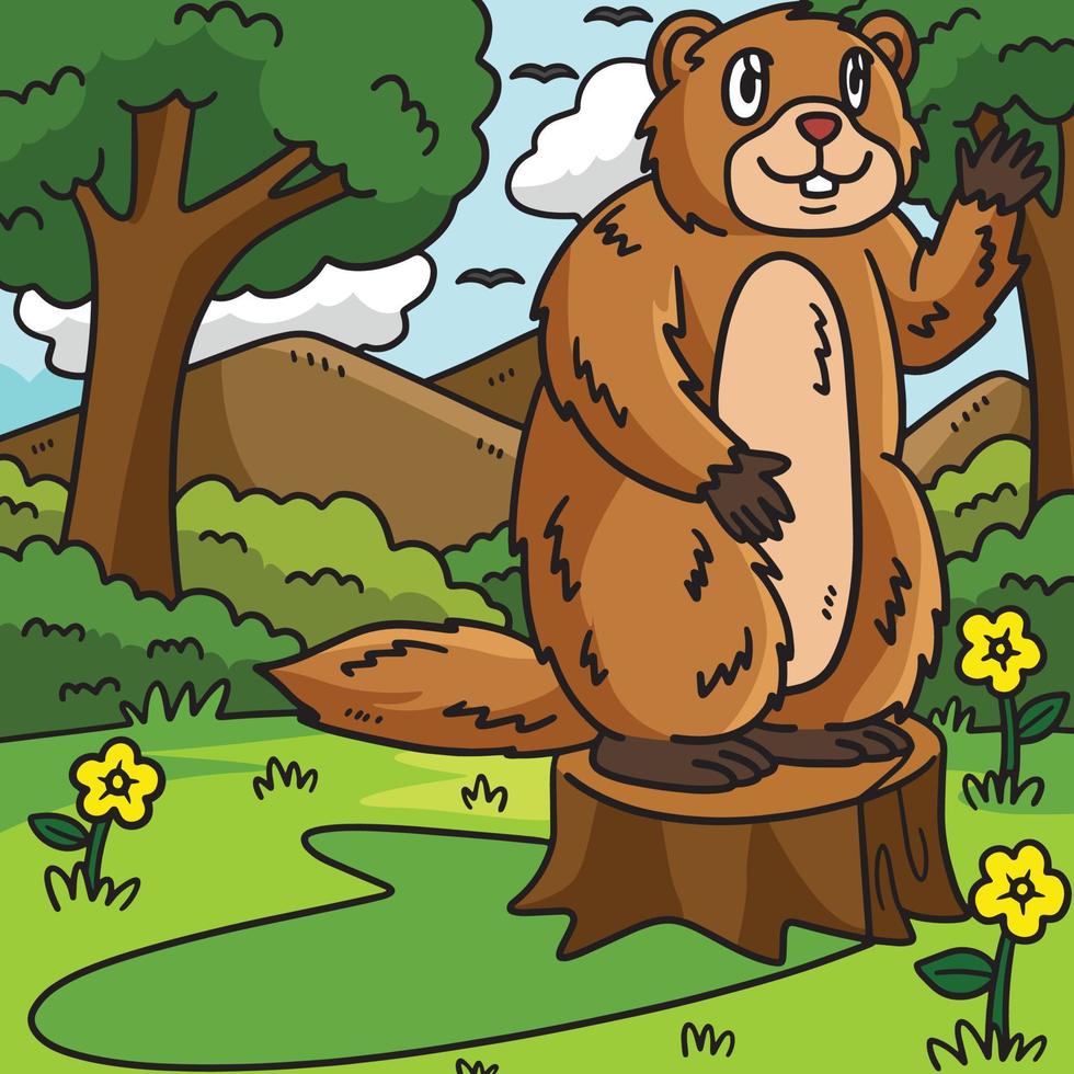 ilustración de dibujos animados de color marmota agitando vector