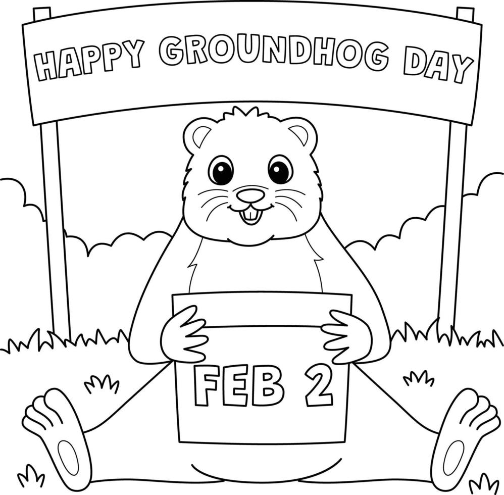 Groundhog Holding Calendar Coloring Page for Kids vector