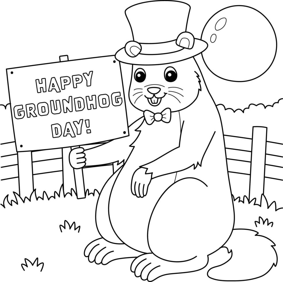 Groundhog with Hat Coloring Page for Kids vector