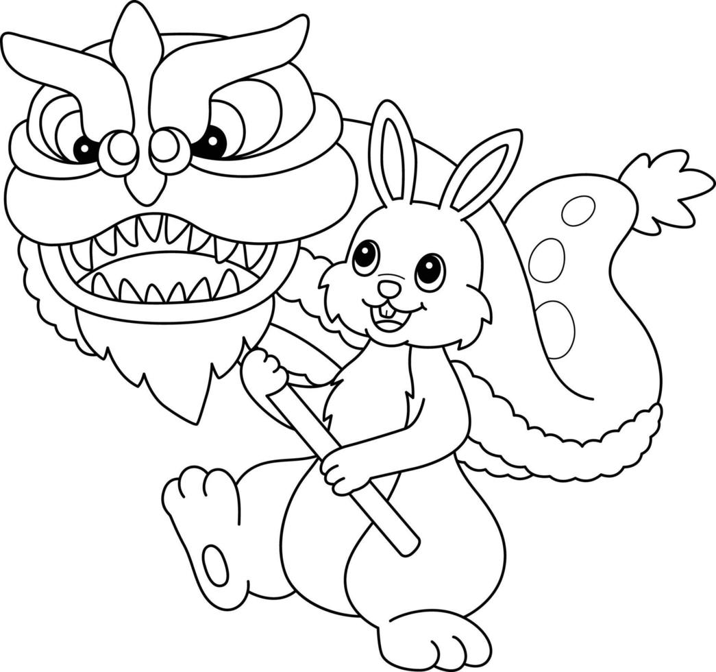 Rabbit Dragon Dancing Isolated Coloring Page vector