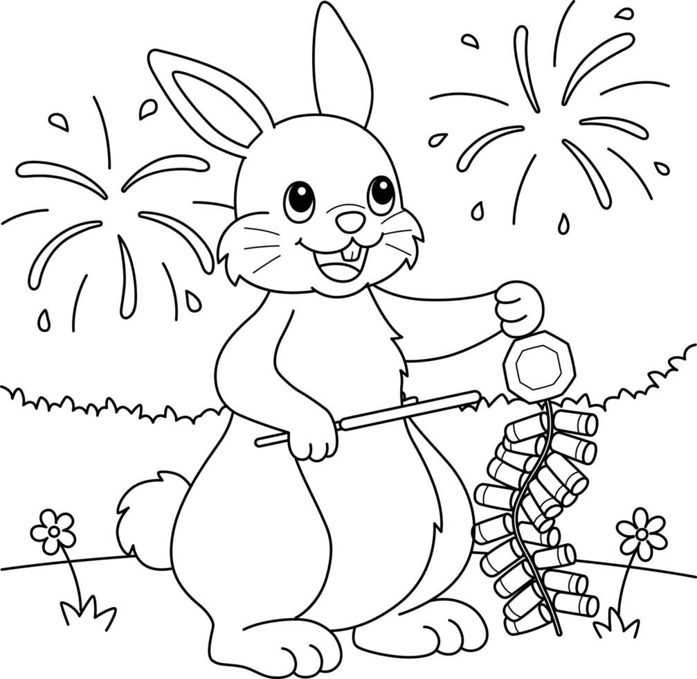 Rabbit Holding Fireworks Coloring Page vector
