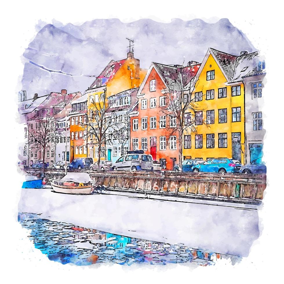 ilustración de dibujado a mano de bosquejo de acuarela de copenhague dinamarca vector