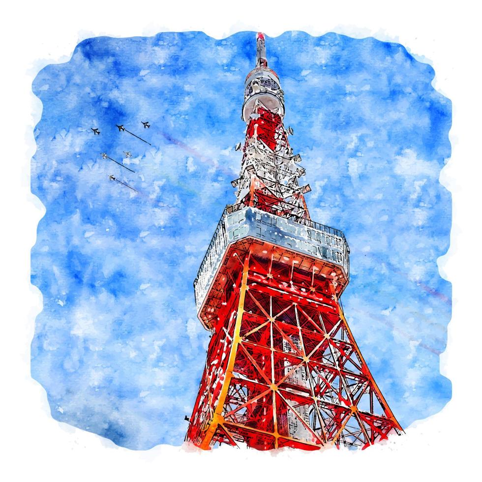 Tokyo Tower Japan Watercolor sketch hand drawn illustration vector