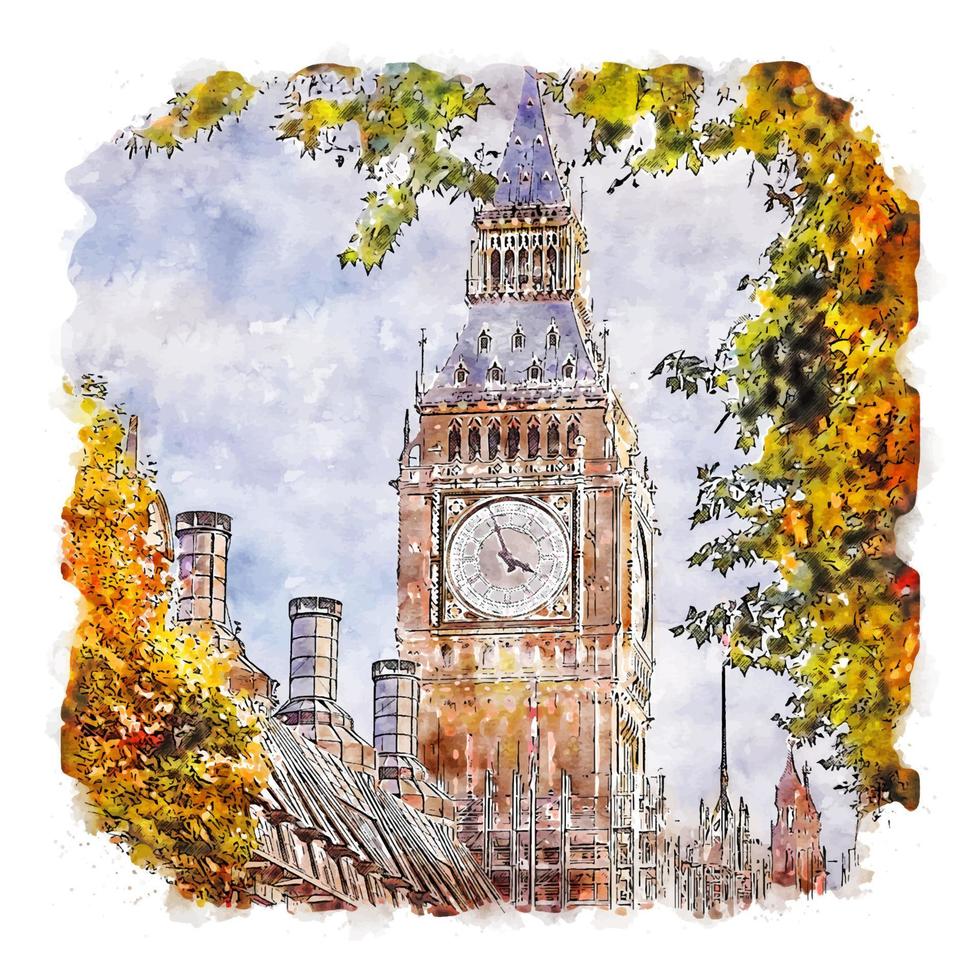 Big ben London Watercolor sketch hand drawn illustration vector