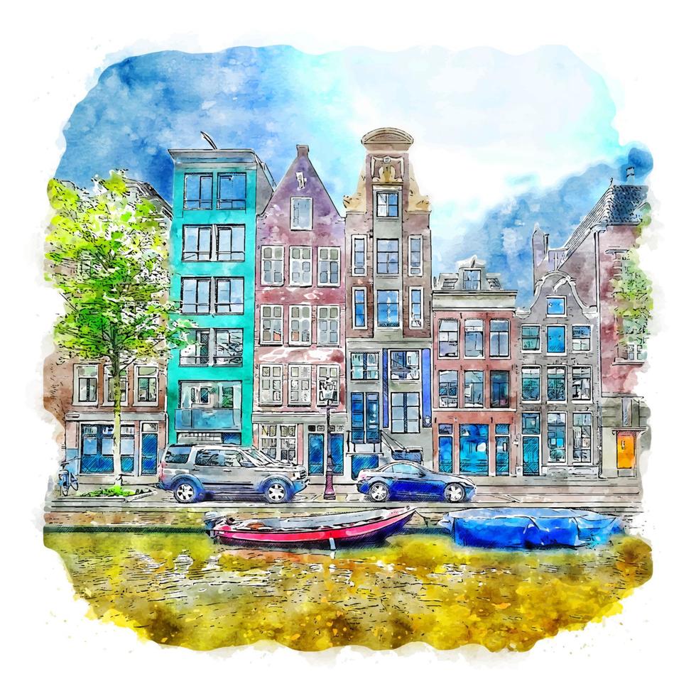 Amsterdam Netherlands Watercolor sketch hand drawn illustration vector