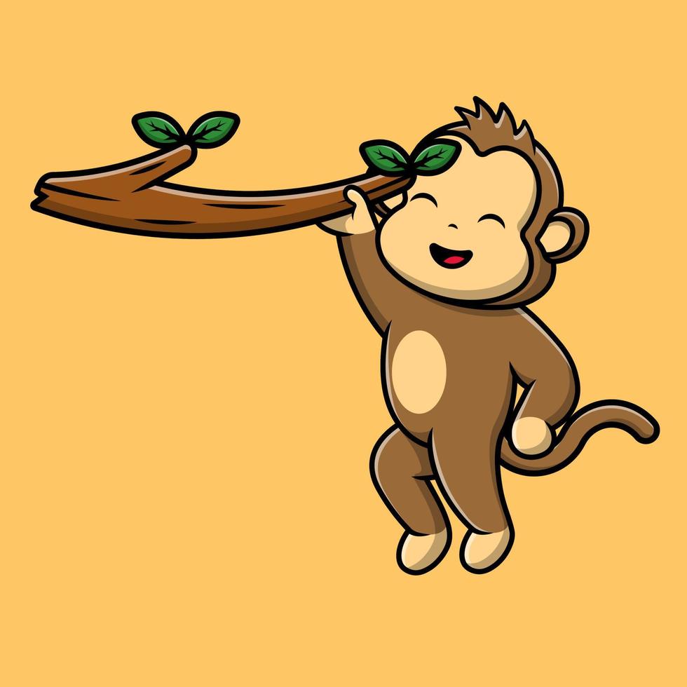 Cute Monkey Hanging On Tree Cartoon Vector Icons Illustration. Flat Cartoon Concept. Suitable for any creative project.