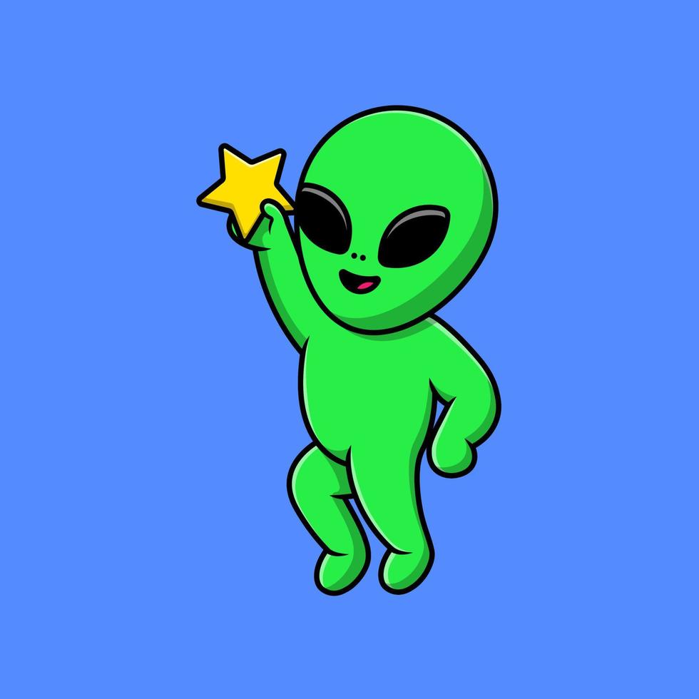 Cute Alien Flying Holding Star Cartoon Vector Icons Illustration. Flat Cartoon Concept. Suitable for any creative project.