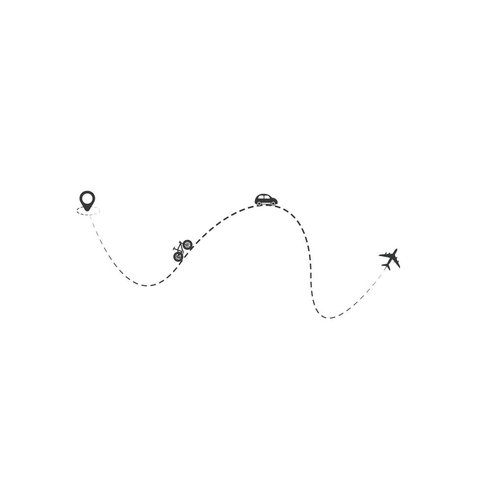 Set of dashed line plane, car, truck and bicycle route with location icon flat design vector