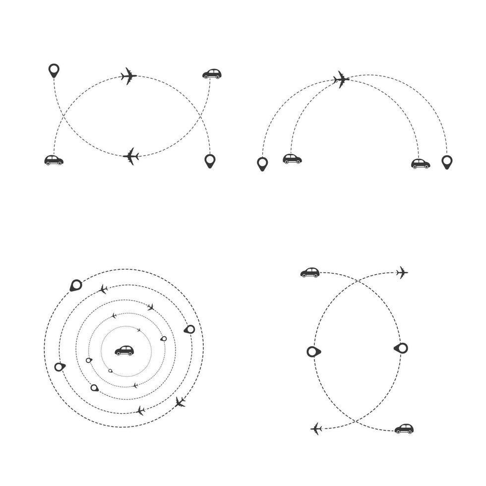 Set of dashed line plane, car, truck and bicycle route with location icon flat design vector