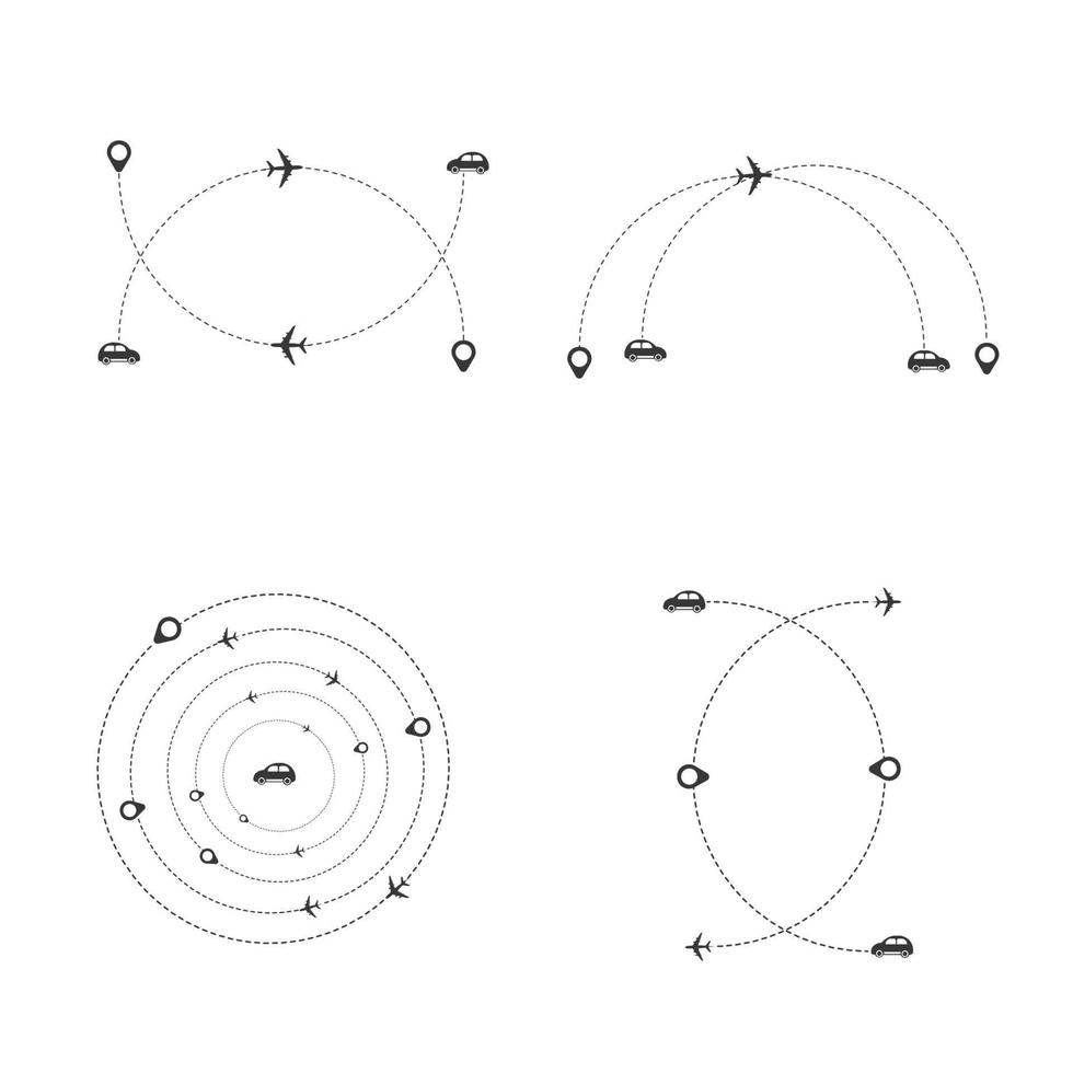 conjunto de ruta de avión, coche, camión y bicicleta de línea discontinua con diseño plano de icono de ubicación vector