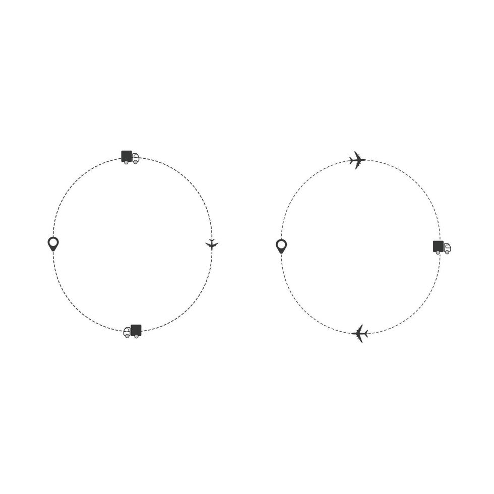 Set of dashed line plane, car, truck and bicycle route with location icon flat design vector
