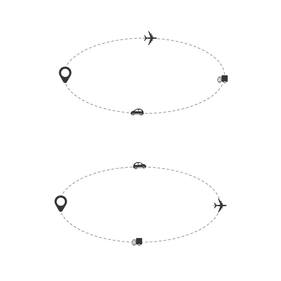 conjunto de ruta de avión, coche, camión y bicicleta de línea discontinua con diseño plano de icono de ubicación vector