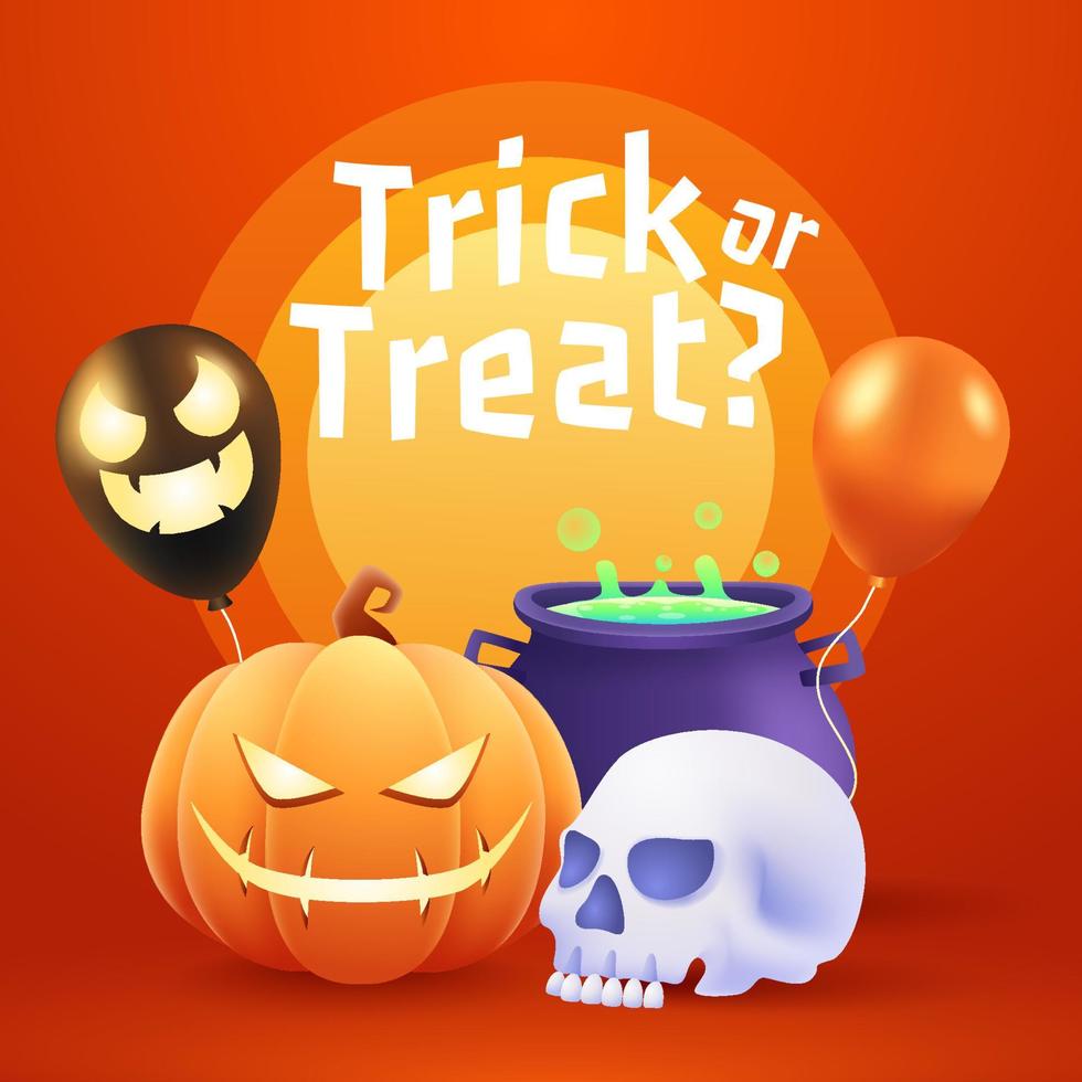 feliz halloween truco o trato ilustración 3d con globo de calavera de calabaza de halloween y hechizo de bruja vector