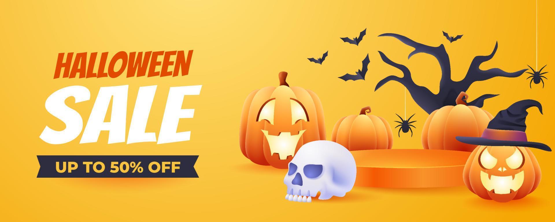 Plantilla de banner de descuento de promoción de súper venta de halloween 3d con podio 3d para venta de productos vector