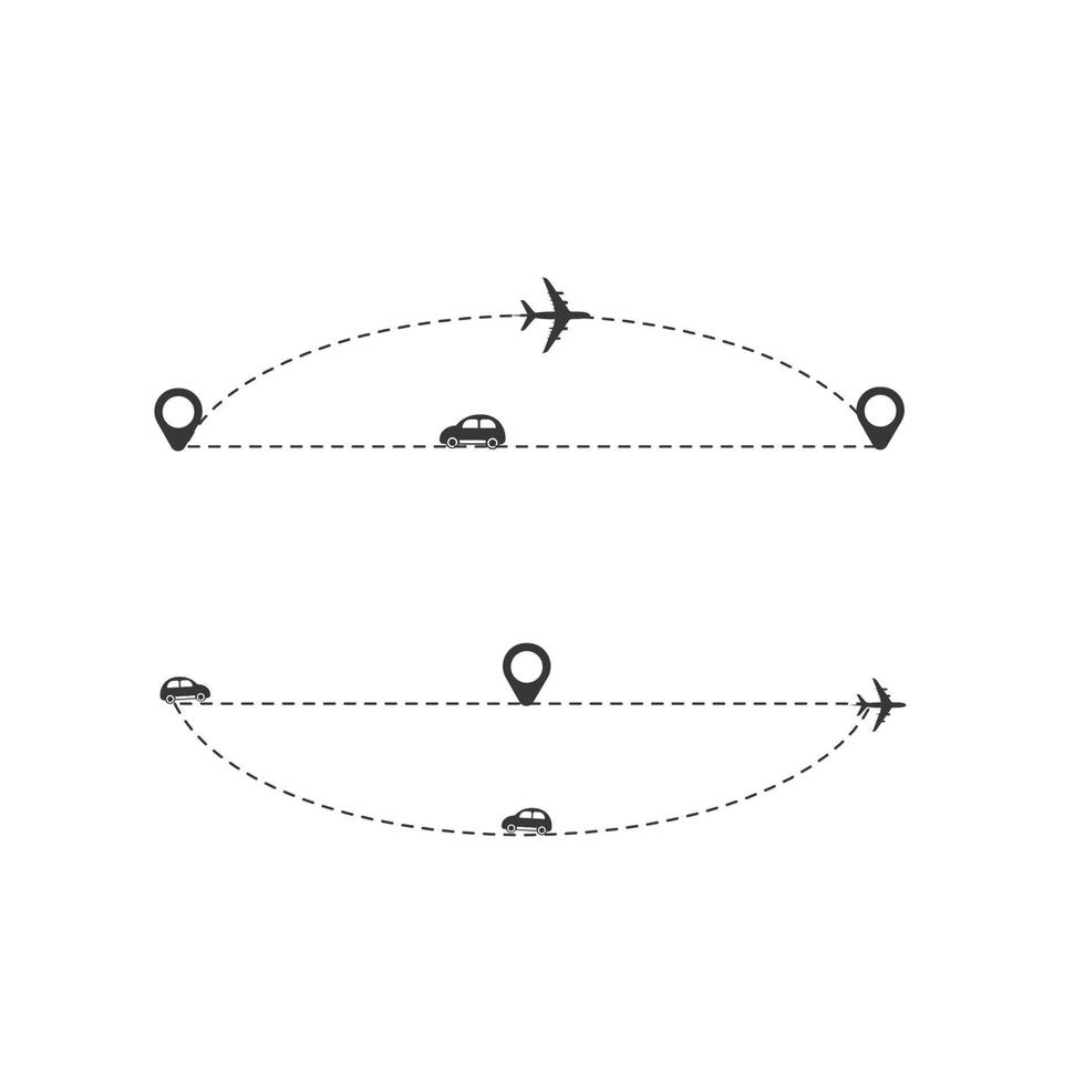 Set of dashed line plane, car, truck and bicycle route with location icon flat design vector