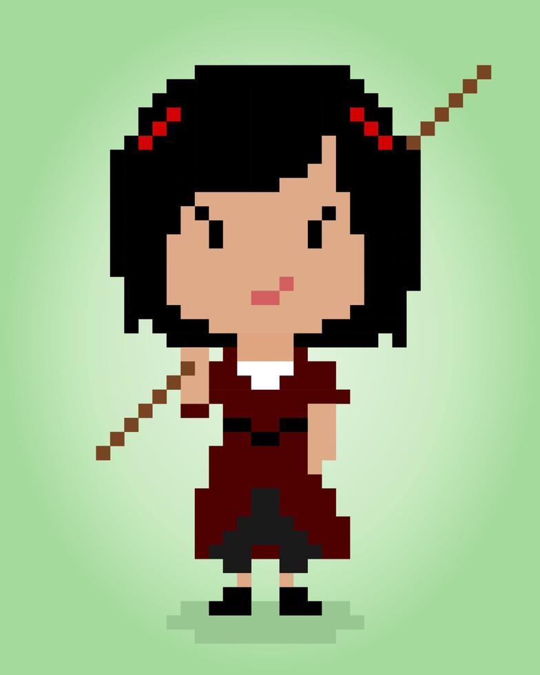 8 bit pixel of the cute girl carrying a stick. Cartoon women in vector illustrations.