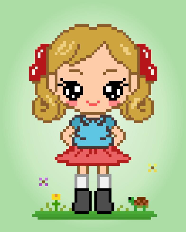 Personaje femenino de 8 bits de píxeles. chica de dibujos animados de anime en ilustraciones vectoriales para activos de juegos o patrones de punto de cruz. vector