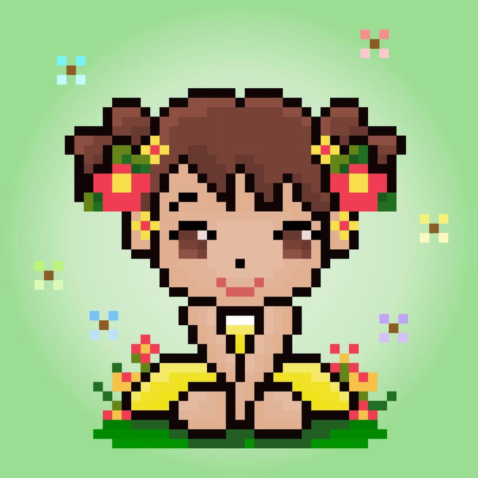 Personaje de mujer de 8 bits de píxeles en el parque. chica de dibujos animados de anime en ilustración vectorial para activos de juego o patrones de punto de cruz. vector