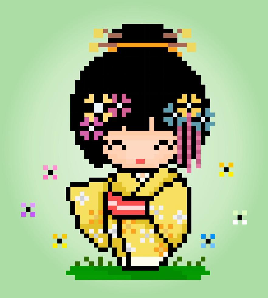 Las mujeres con personajes de píxeles de 8 bits usan un vestido de kimono. píxeles de niñas adultas en ilustraciones vectoriales para activos de juegos o patrones de punto cruzado. vector