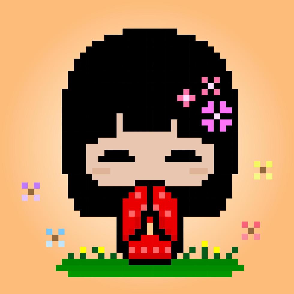 Personaje femenino de 8 bits de píxeles. chica de dibujos animados de anime en ilustraciones vectoriales para activos de juegos o patrones de punto de cruz. vector