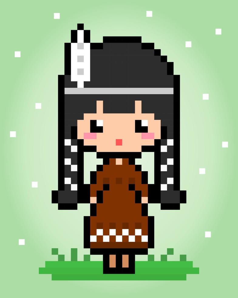 8 bit  pixel  of Cute native american apache girl. Vector illustration of a cross stitch and game icon.