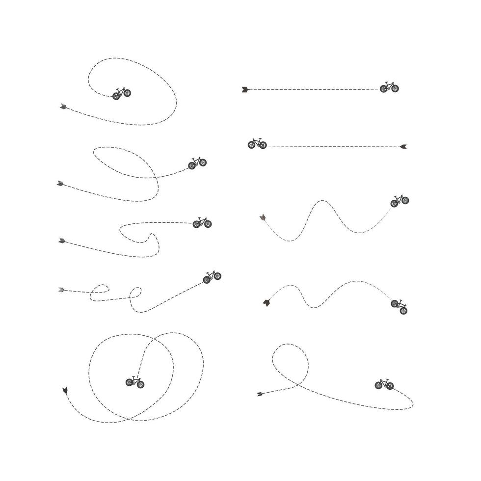 Set of dashed line plane, car, truck and bicycle route with location icon flat design vector