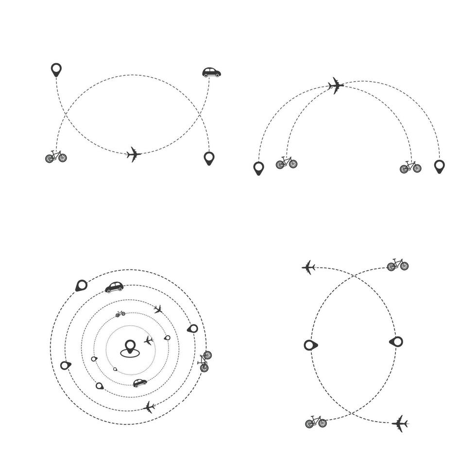 Set of dashed line plane, car, truck and bicycle route with location icon flat design vector