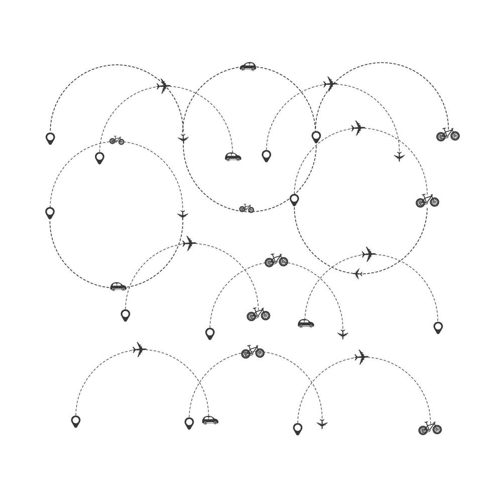 conjunto de ruta de avión, coche, camión y bicicleta de línea discontinua con diseño plano de icono de ubicación vector