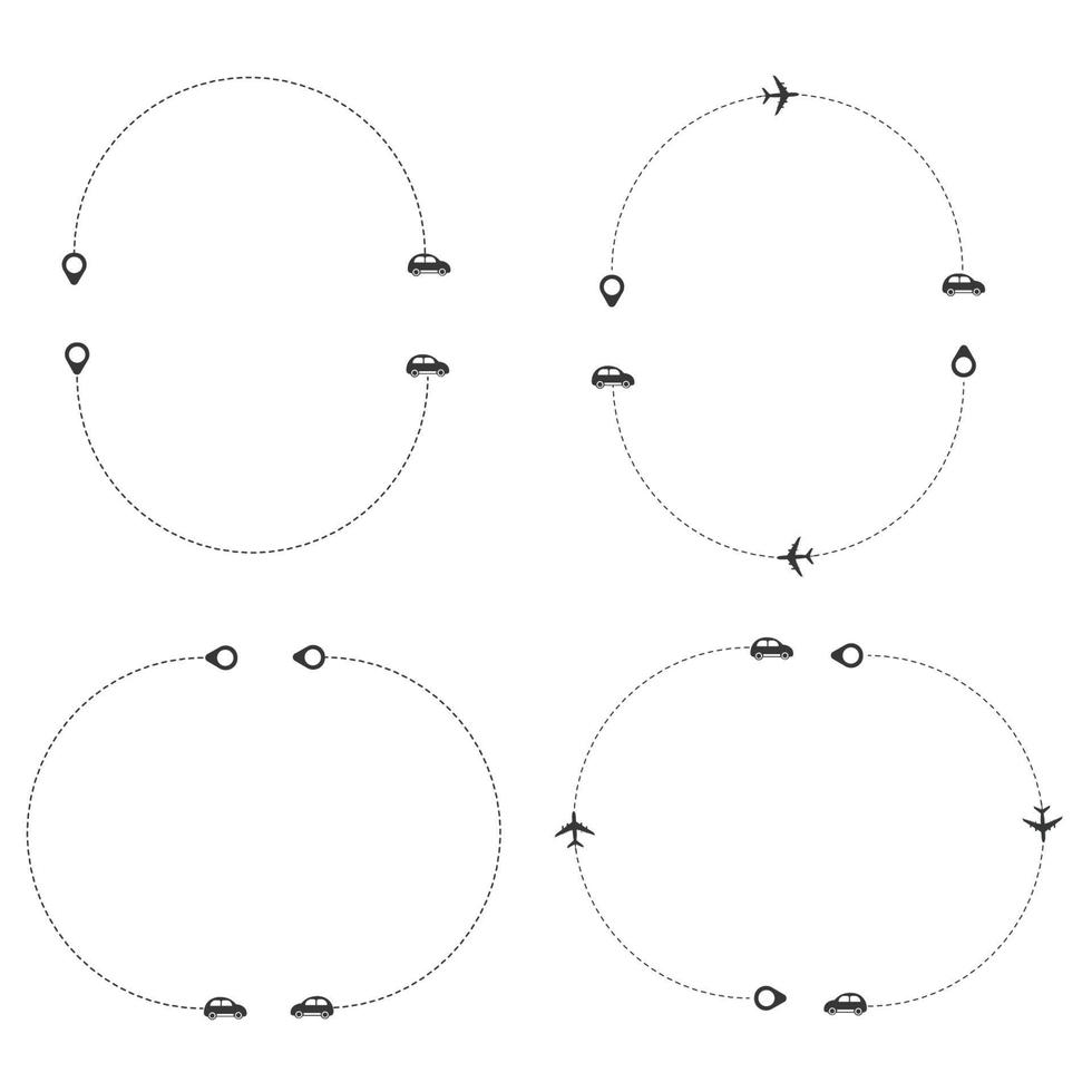 Set of dashed line plane, car, truck and bicycle route with location icon flat design vector