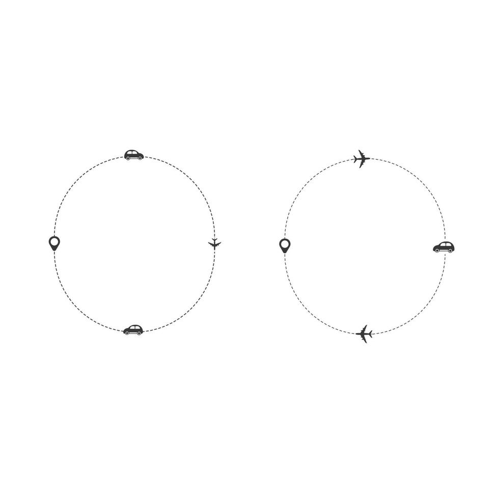 Set of dashed line plane, car, truck and bicycle route with location icon flat design vector