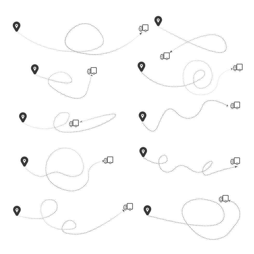 conjunto de ruta de avión, coche, camión y bicicleta de línea discontinua con diseño plano de icono de ubicación vector